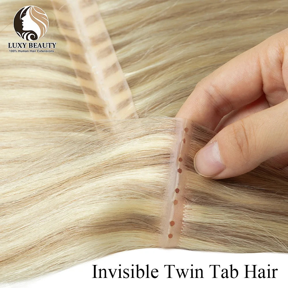 Blonde Invisible Skin Weft Inject Human Hair Extensions Straight Twin Tab Natural