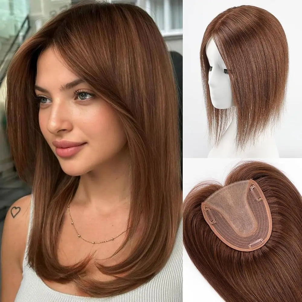 Straight Real Human Hair Topper No Bangs 5"*5.5" Base Brown Blonde Highlights