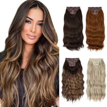 Synthetic Long Wavy Clip in Hair Extensions 22" Thick Hairpiece Brown Blonde