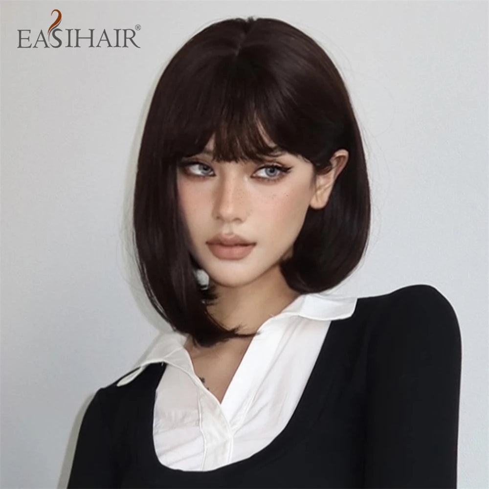 Short Straight Synthetic Wigs Bangs Dark Brown Black Bob Daily Cosplay Party