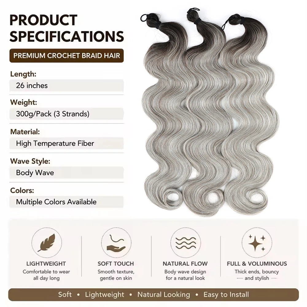 300G 26Inch Ombre Grey Crochet Braids Body Wave Light Brown Highlight Sp4/27/613