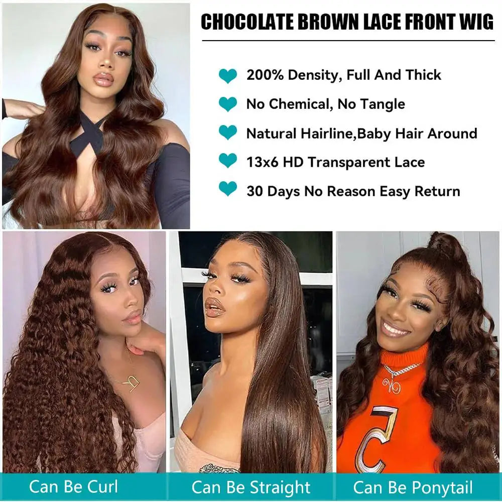 Body Wave Chocolate Brown Lace Front Wigs Human Hair, 13x4 HD Frontal
