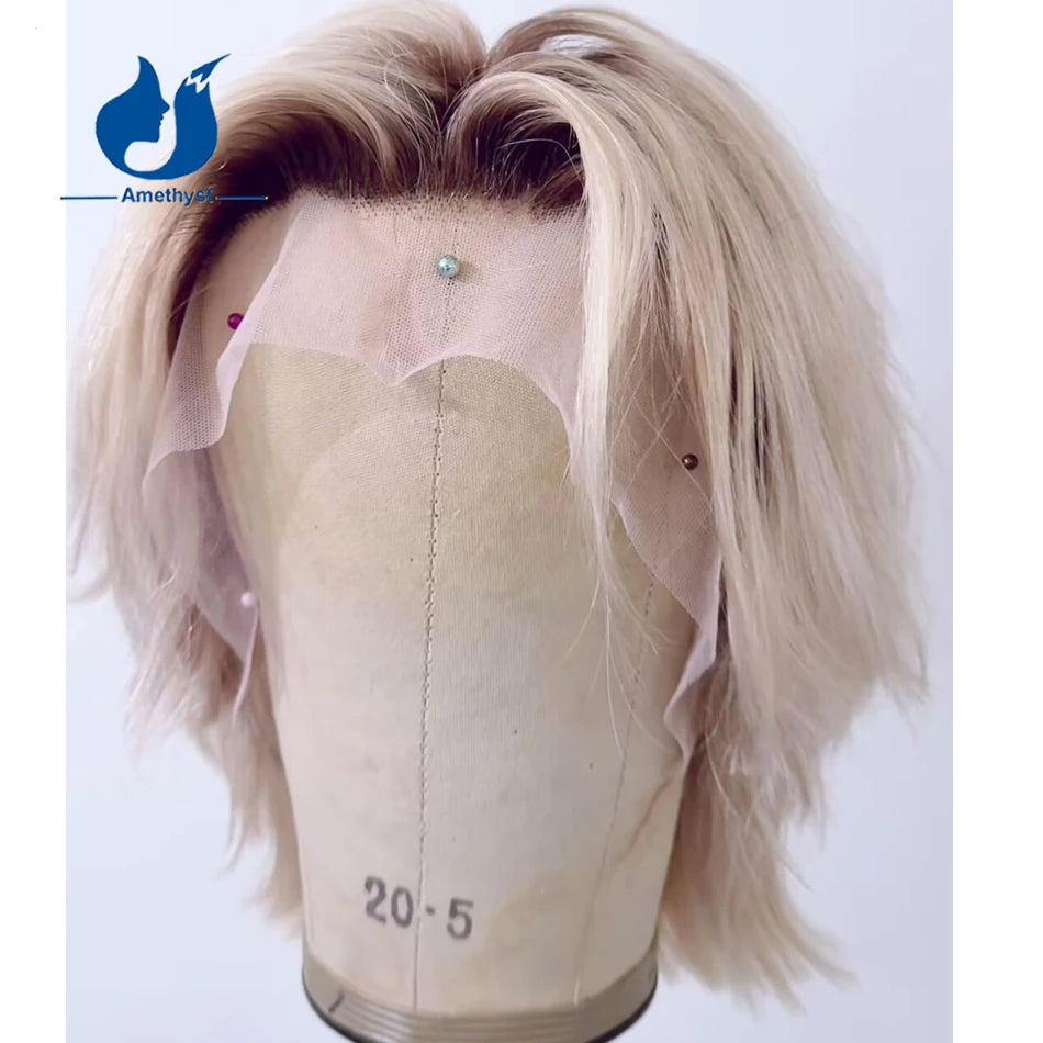 Natural Wave Human Hair Wig White Platinum Blonde Dark Root Brazilian Remy