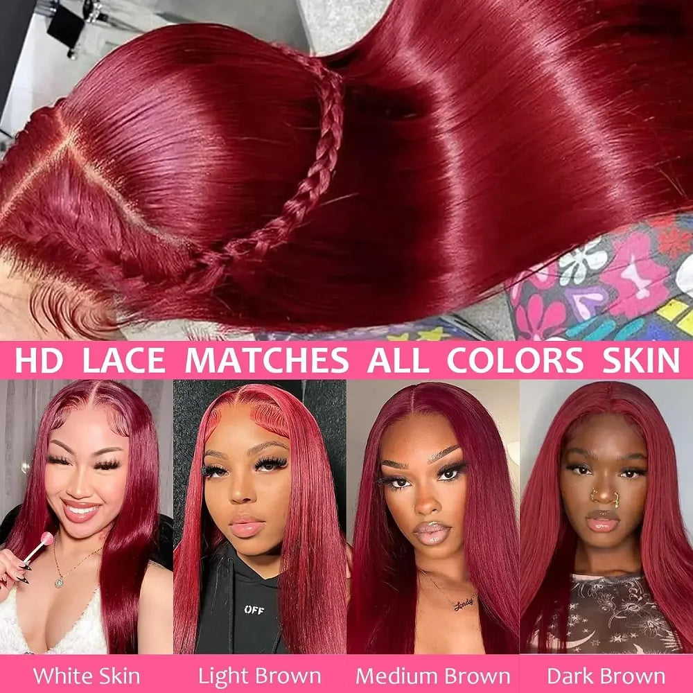 13x6 Peruvian Straight Hair HD Lace Front Wig Human 99J Burgundy Pre-plucked