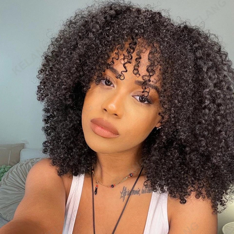 Chocolate Brown Afro Kinky Curly Hair Short Bob Wig Ombre, 100% Human