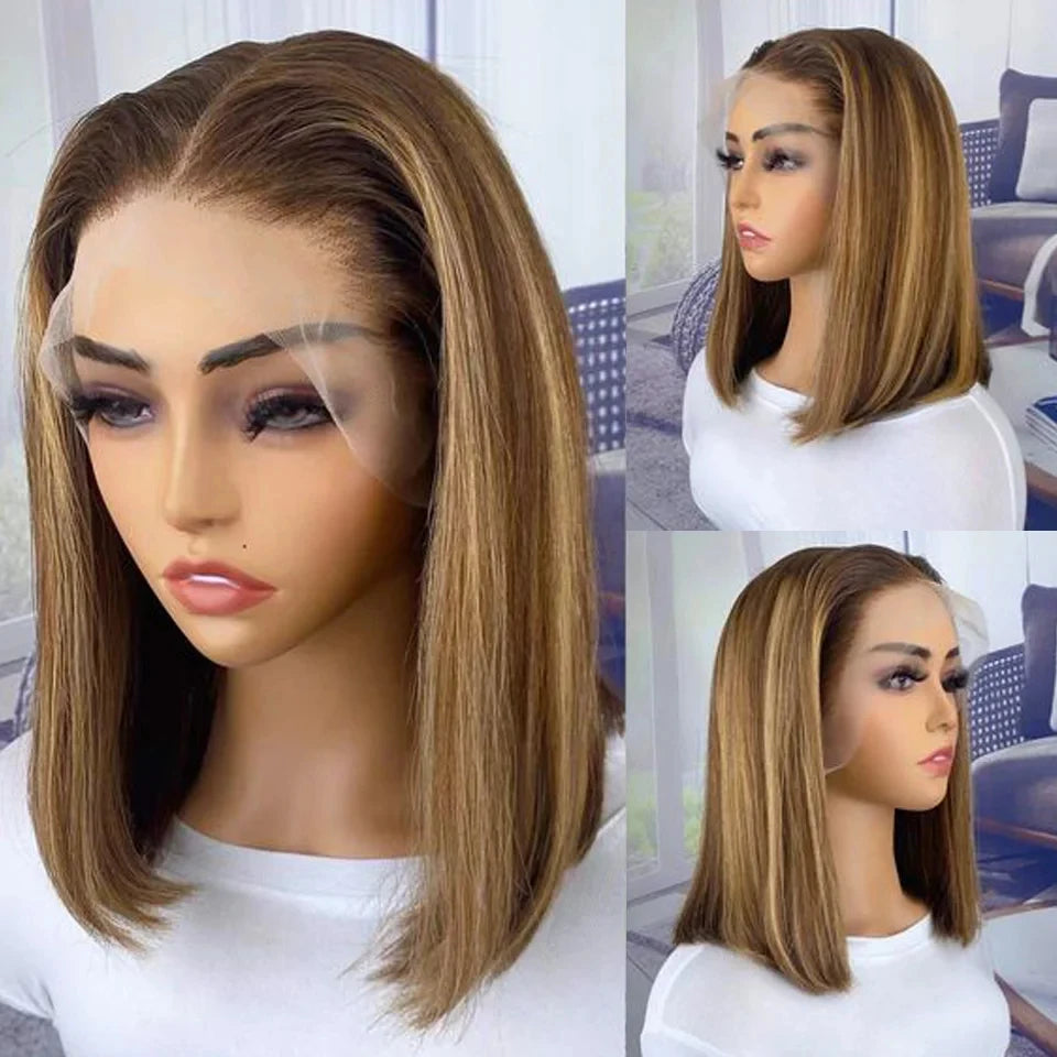 Short Cut Colored Pink Bob T Part Lace Wigs Human Hair 180D