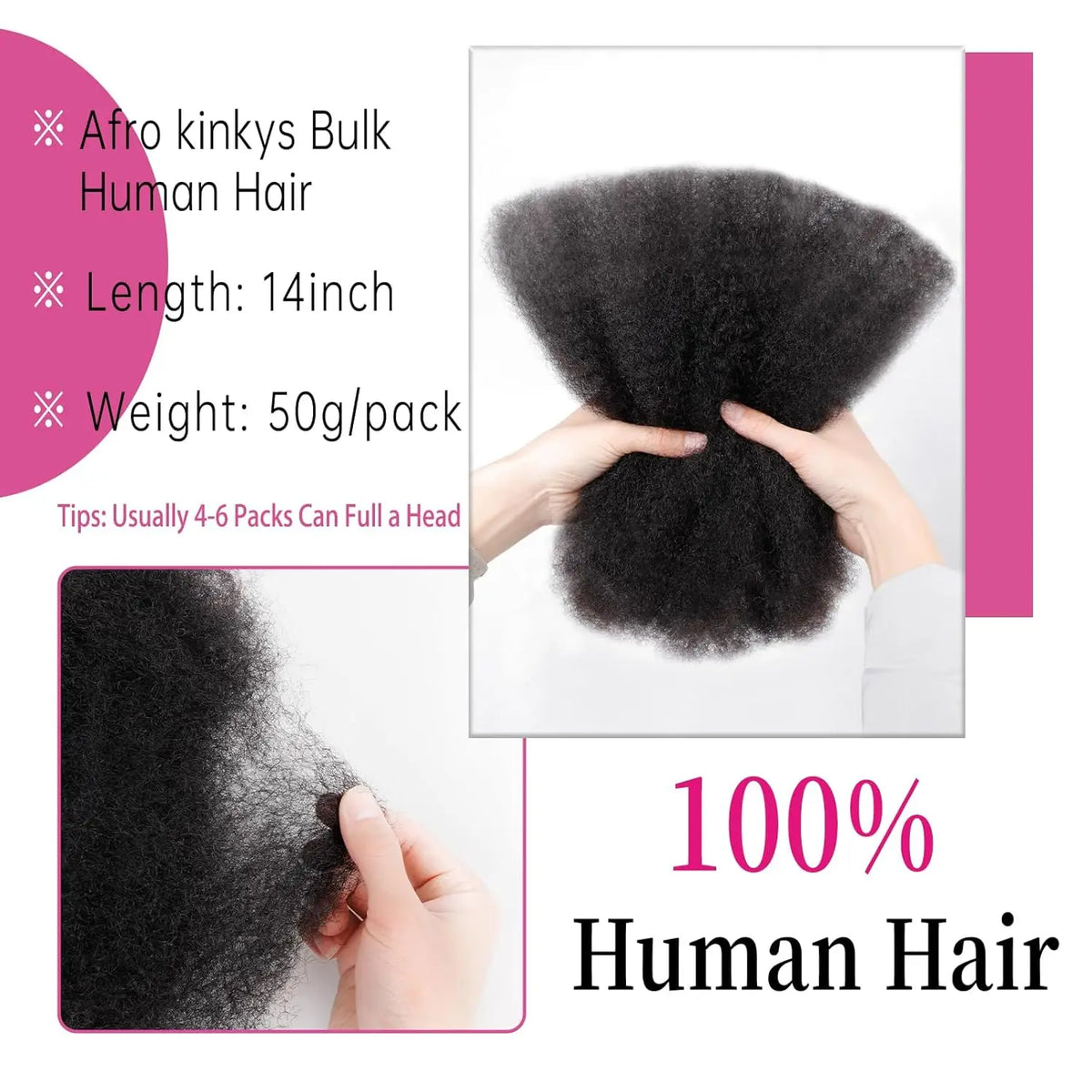 10-18” 4C Afro Kinky Curly Bulk Human Hair Extensions Twist Braids 30g/pack