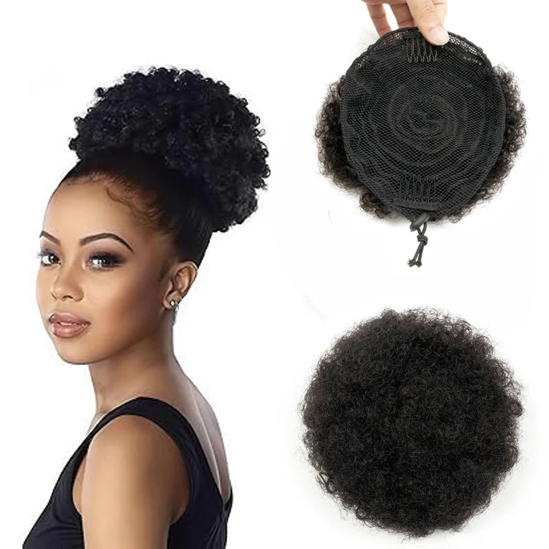 Curly Human Hair Ponytail Afro Kinky Puff Drawstring Bun Piece Clip in