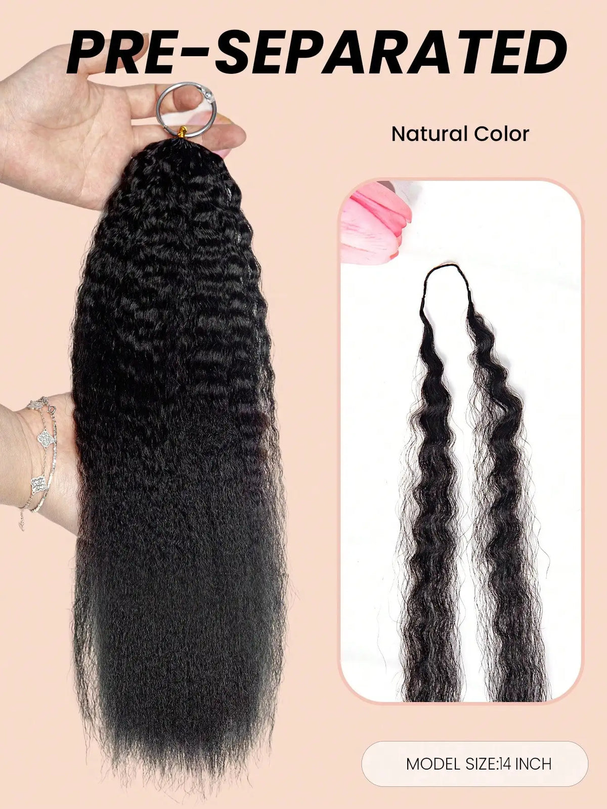 Kinky Straight Human Crochet Hair Extensions, 26-30 Inch, Pre-Separated Feather Crochet, Natural Black