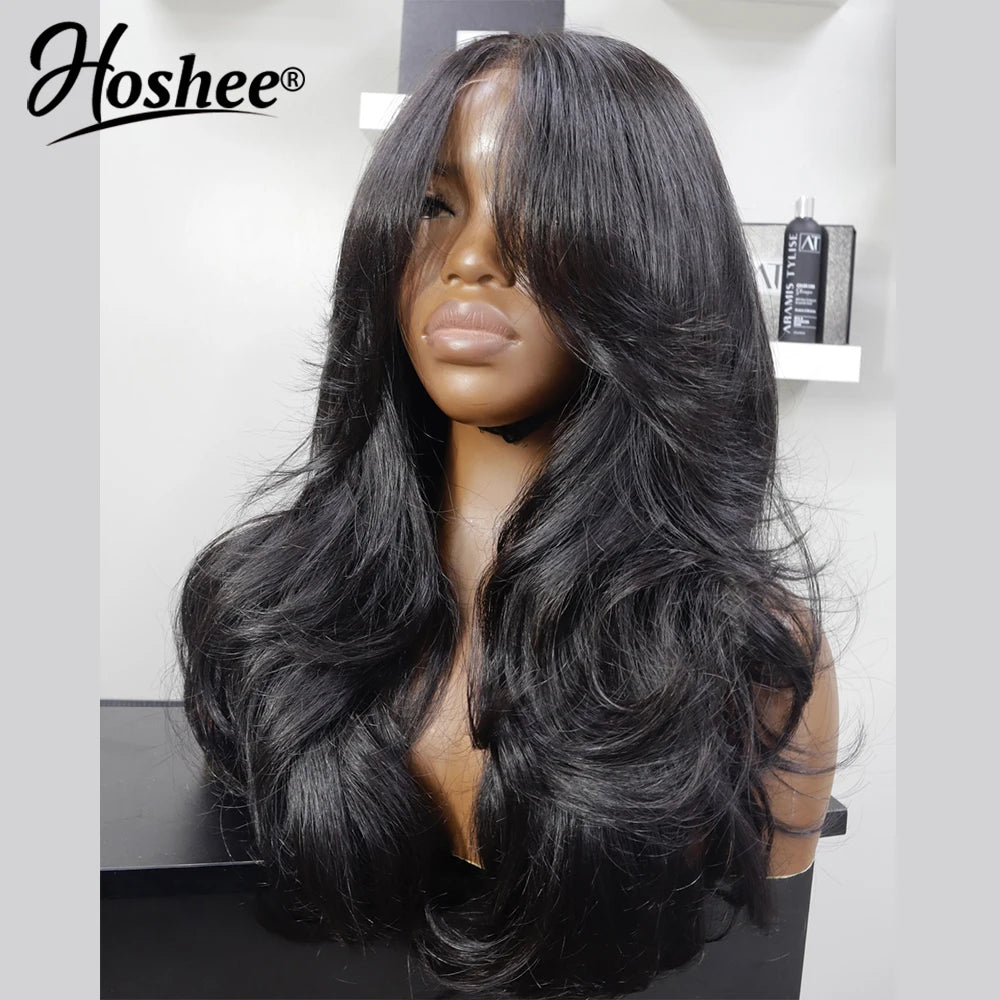 Blowout Looks Glueless, 4x4 Pre-cut Lace Wig Curtain Bangs Wear Go Front