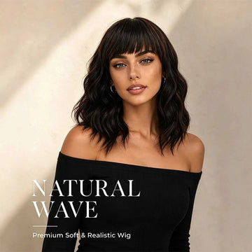 Dark Brown Wavy Bob Wig Bangs Heat‑resistant Synthetic Glueless Natural Looking Daily