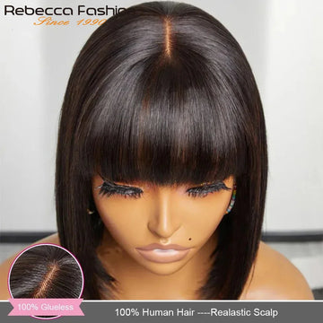 Straight Human Hair Bob Lace Wig with Bangs - Fringe Middle Part, Realistic Scalp, Brazilian