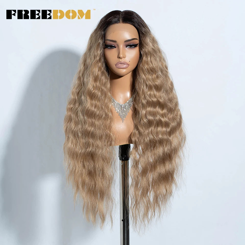 Curly Synthetic Lace Front Wigs Soft Wavy Ombre Blonde Ginger Highlight Cosplay