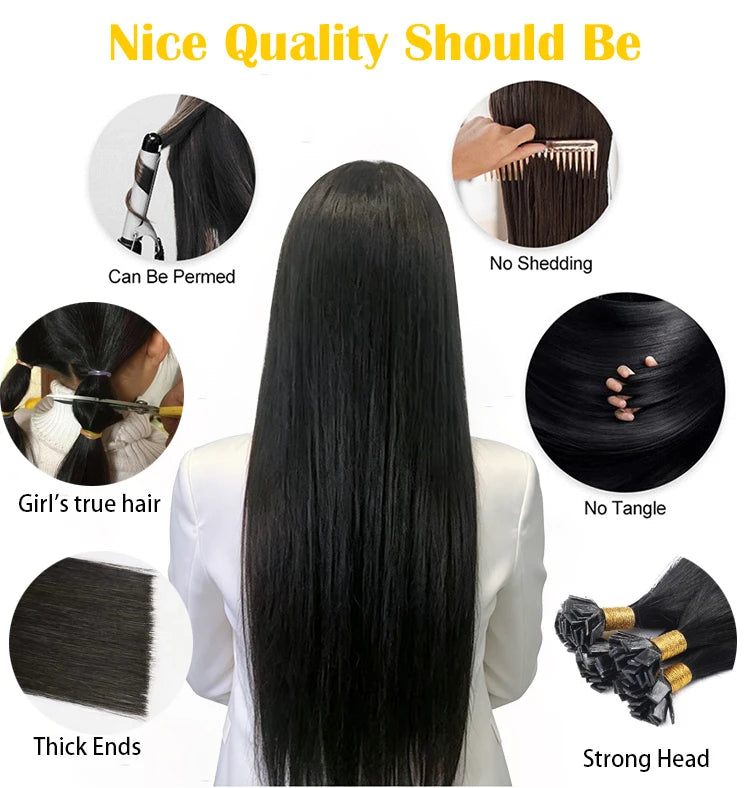 Flat Tip Hair Extensions Remy, 100% Human Keratin Straight Pre Bonded Wigs