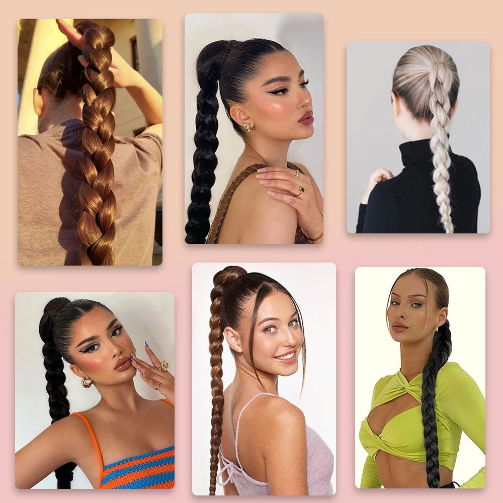 Synthetic Braided Ponytail Extensions Black Natural Hairpiece Long Pony Tail Hair Tie