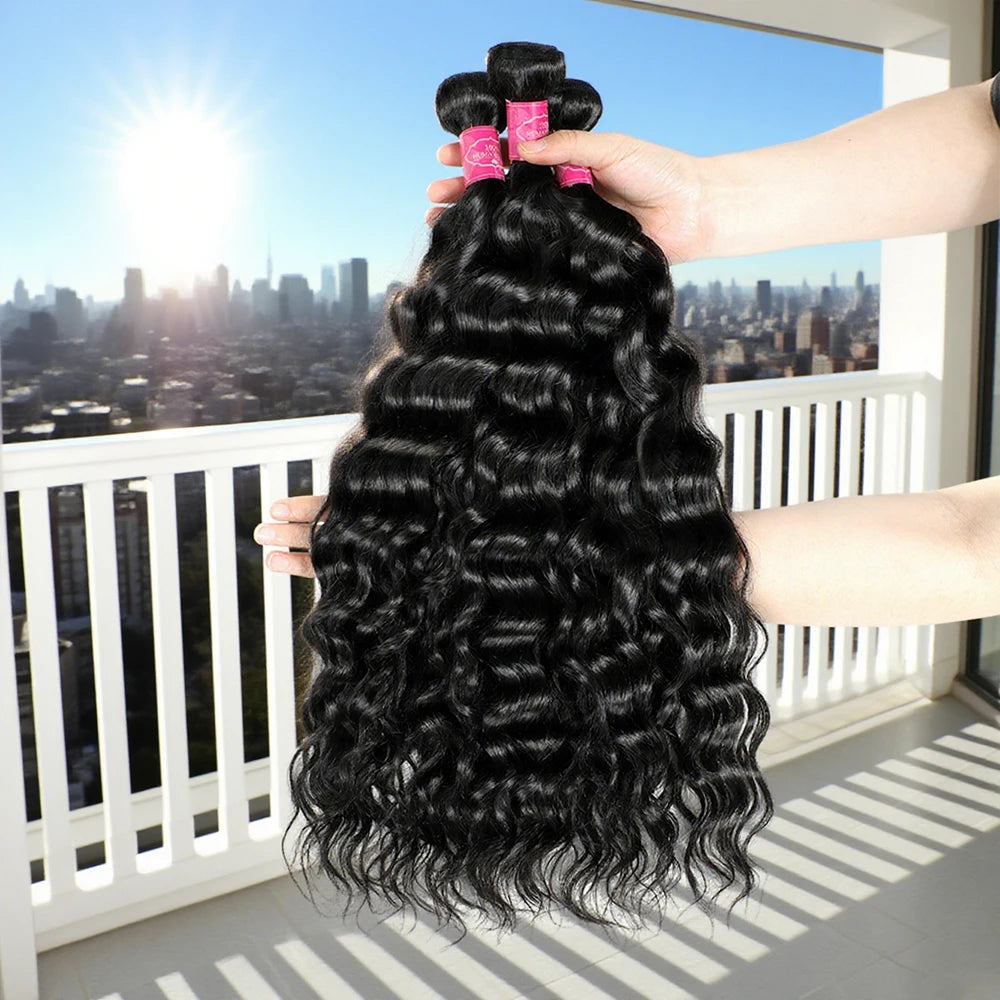 Natural Water Wave Human Hair Bundles, Curly Deep Wave, Brazilian Natural Black Remy, 3 Bundles
