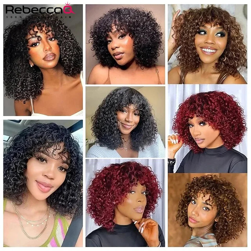 Jerry Curly Human Hair Wigs Bangs Full Machine Made Highlight Honey Blonde