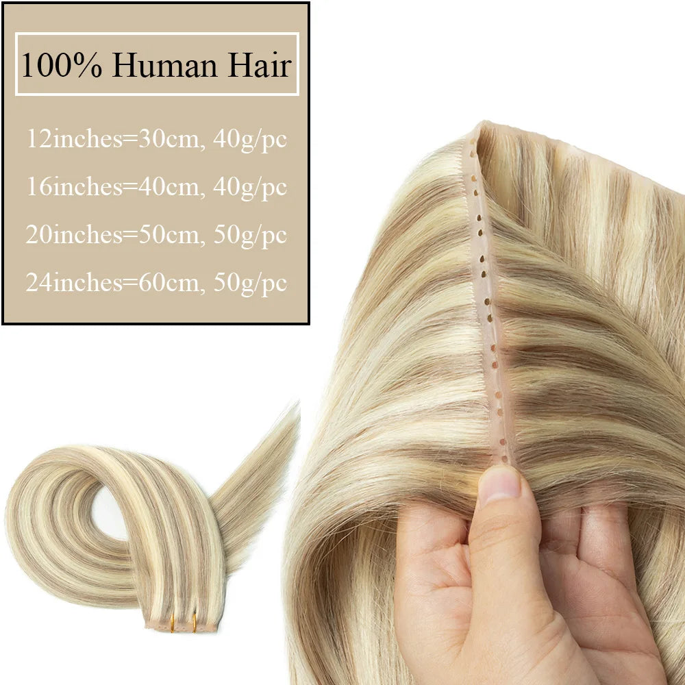 Blonde Invisible Skin Weft Inject Human Hair Extensions Straight Twin Tab Natural