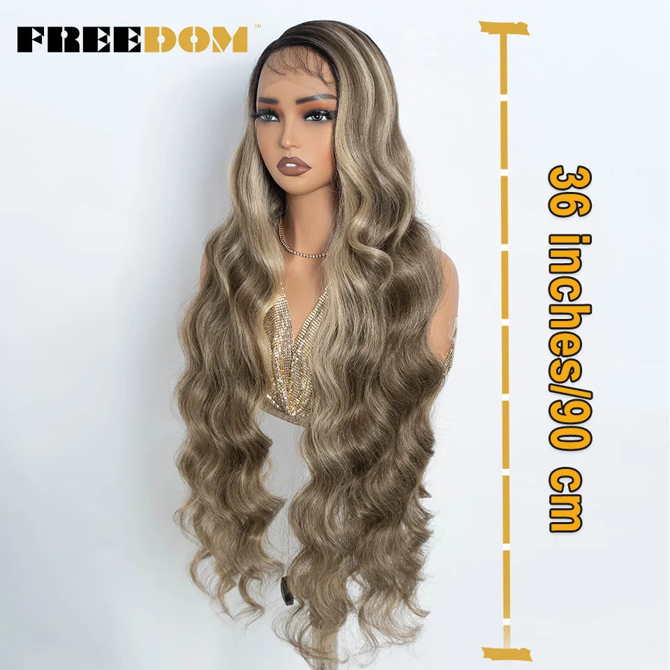 36" Long Wavy Synthetic Lace Front Wigs Ombre Brown Blonde Body Wave
