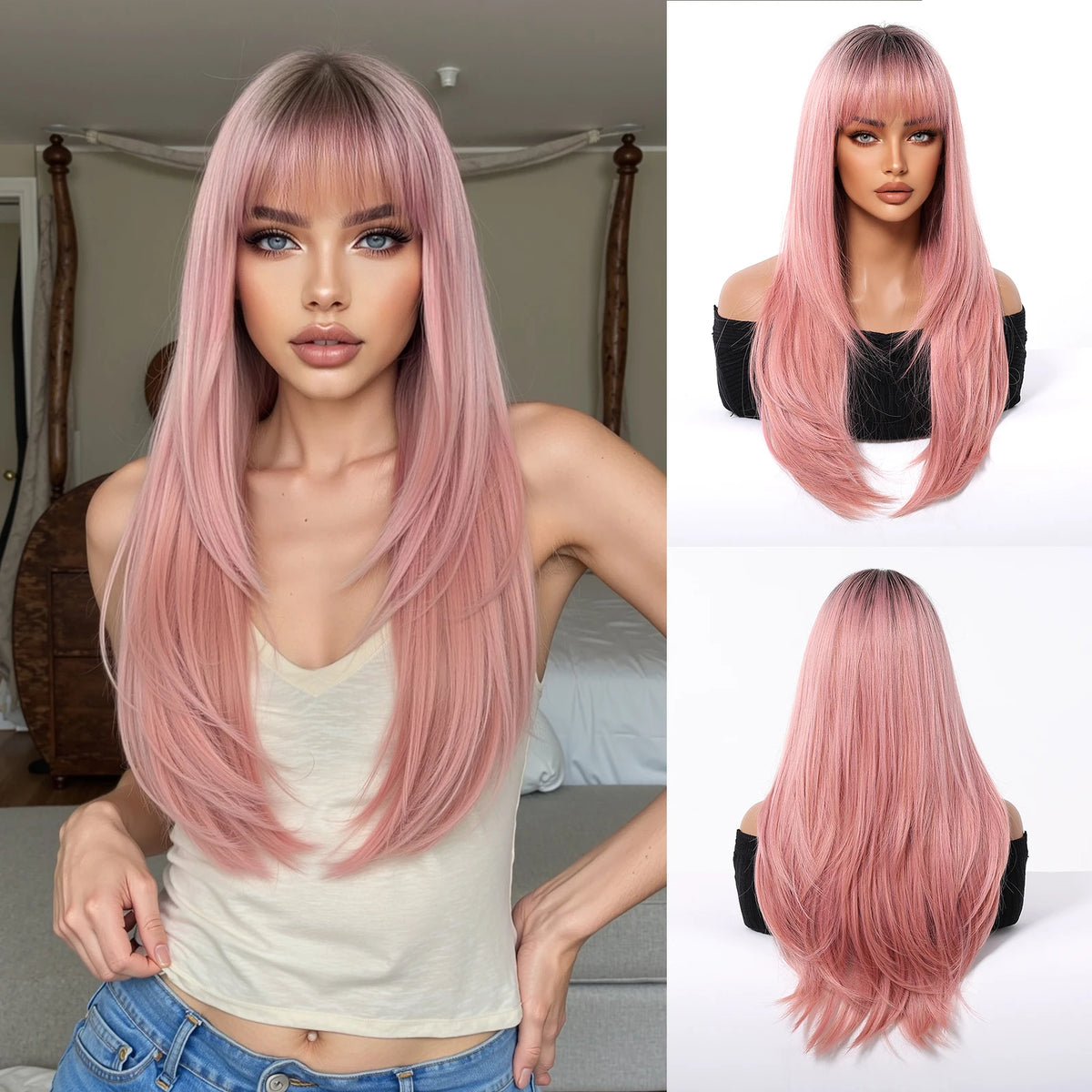 Black Highlight Pink Synthetic Wig Bangs Long Straight Red Cosplay Party Christmas