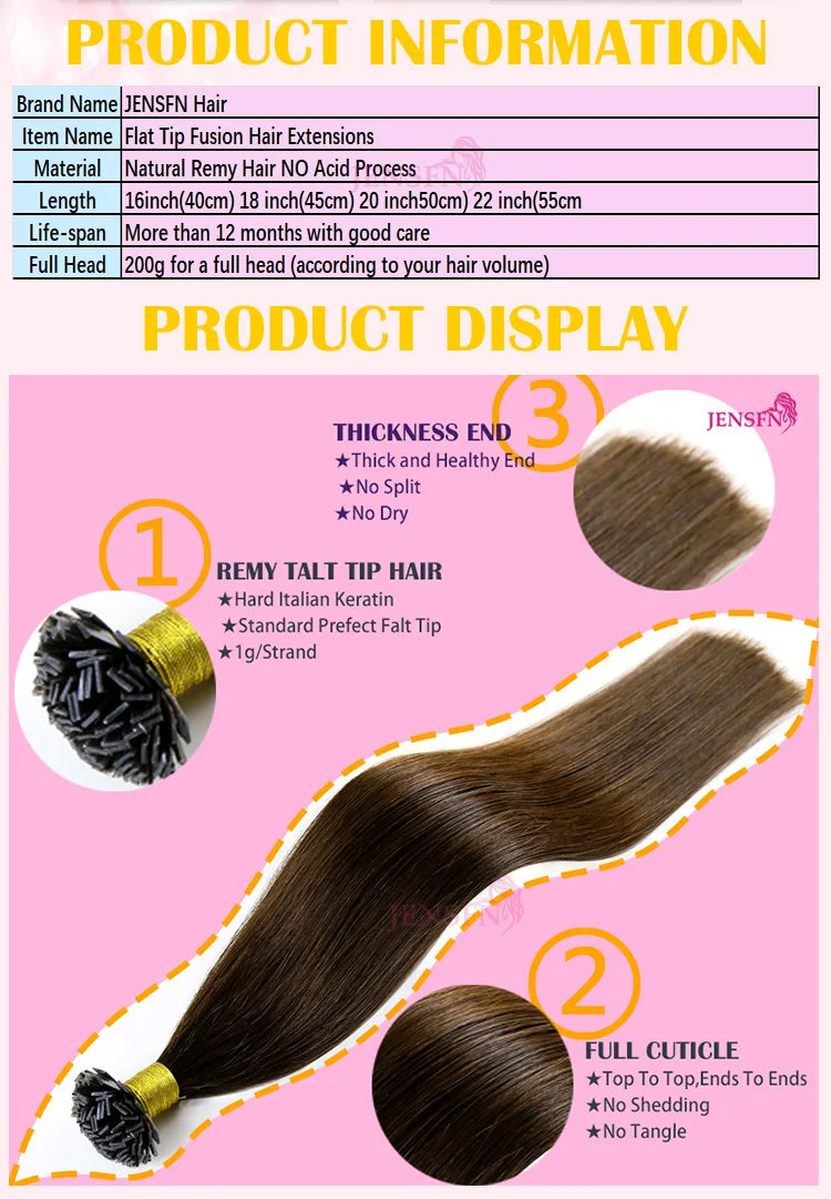 Flat Tip Hair Extensions Remy, 100% Human Keratin Straight Pre Bonded Wigs
