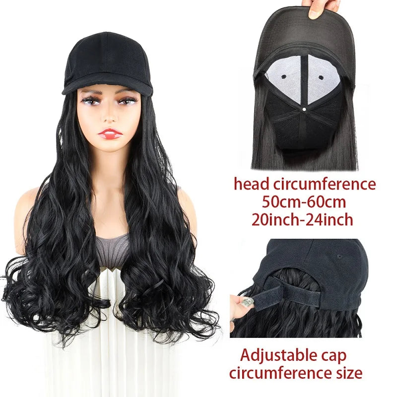 20Inch Synthetic Long Curly Hat Wig Baseball Cap Black Brown Hairpiece Adjustable Hat Wigs