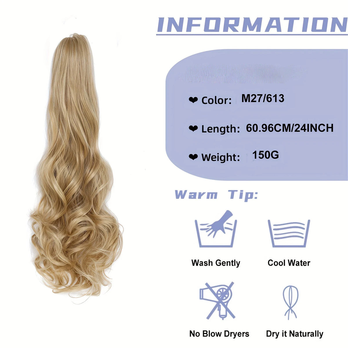 Long Wave Claw Clip Ponytail Extension, Synthetic Heat Resistant False Hair Piece
