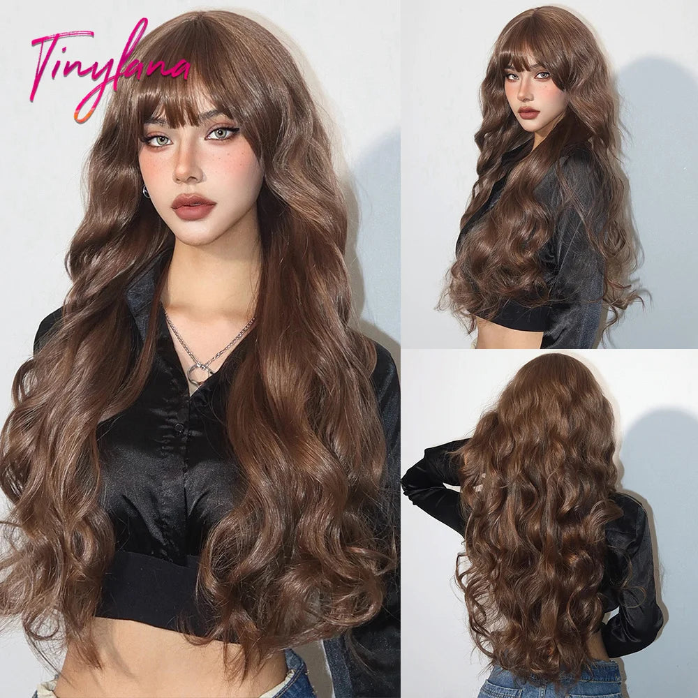 Super Long Black Wavy Synthetic Wigs Bangs Afro Dark Water Wave Halloween