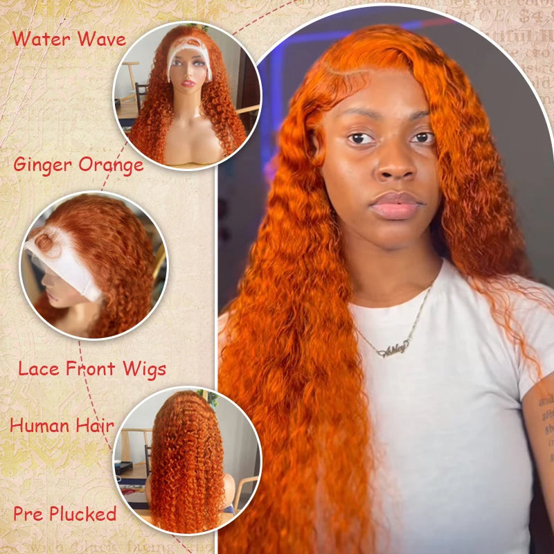 Water Wave Ginger Lace Front Wigs Human Hair, 13x4 Colored 100% Brazilian
