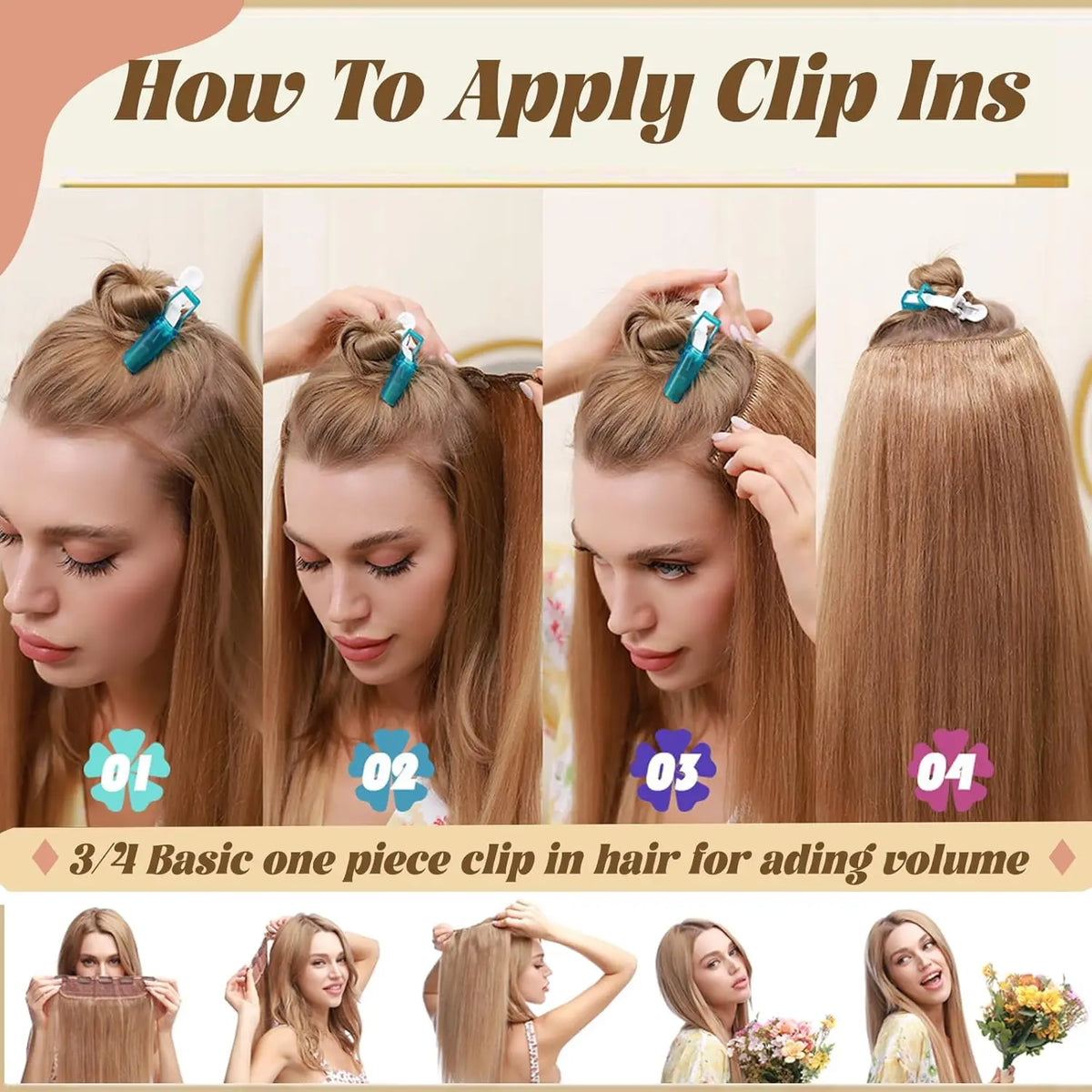 Light Brown Bone Straight Clip in Hair Extensions Full Head One-piece Human