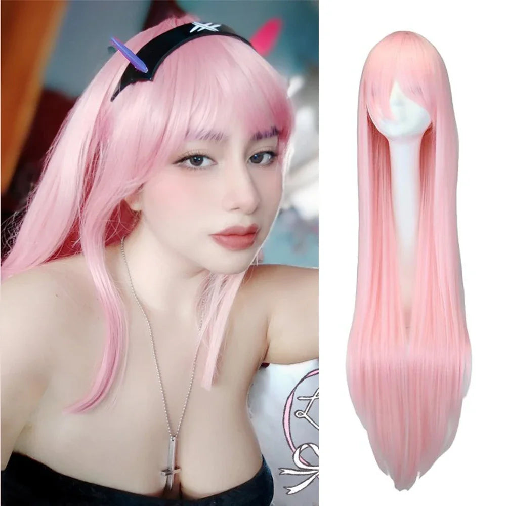 Long Straight Cosplay Wig Black Purple Red Pink Blue Dark Brown Cm