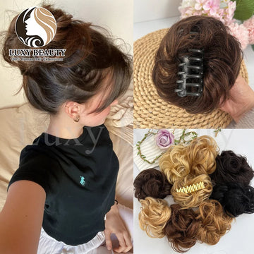 Brown Curly Claw Clip Messy Bun Ponytail Human Hair Extensions Black Blonde