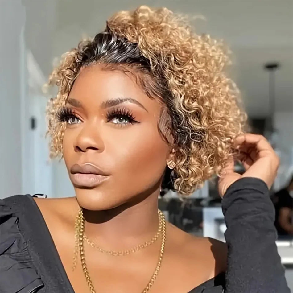 Curly Pixie Cut Wig Lace Human Hair Water Wave Short Bob, 13x1