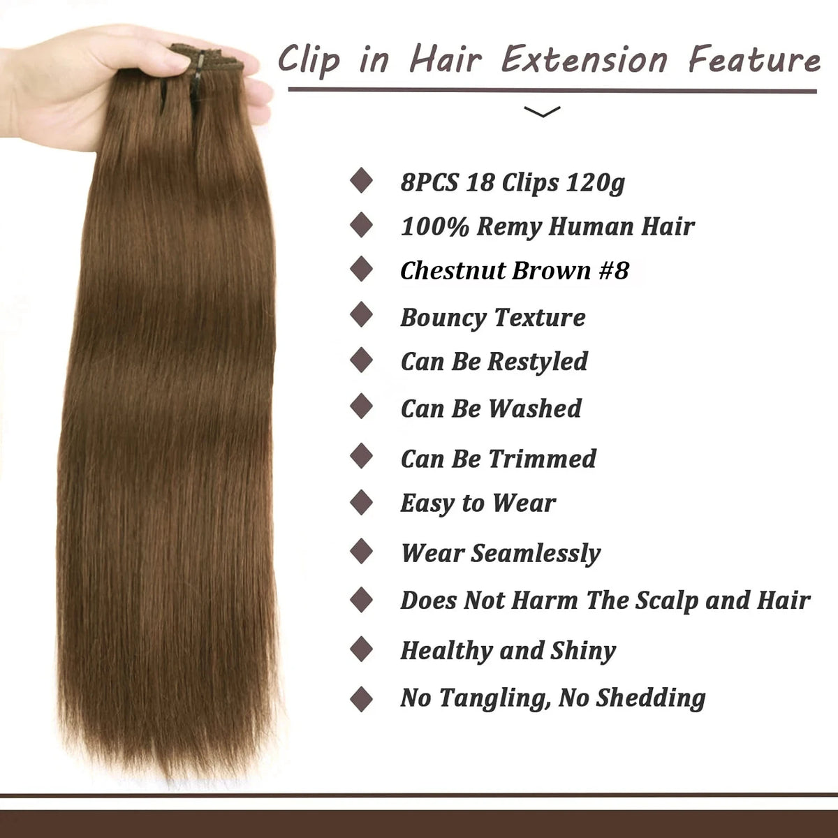 Clip in Hair Extensions Chestnut Brown Double Weft Thick 120G Silky Straight