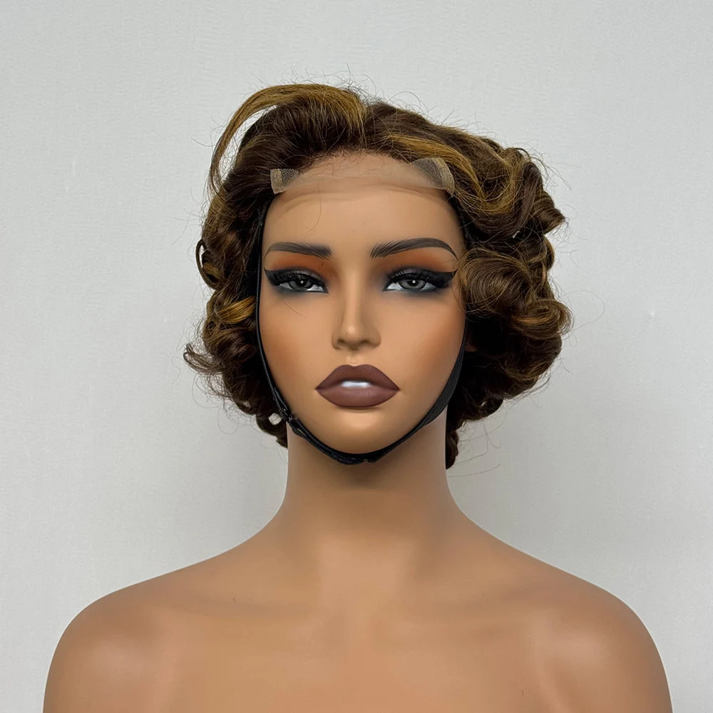 4x4 Lace Closure Wig Short Bouncy Texture Pixie Hair Real Human, 200%