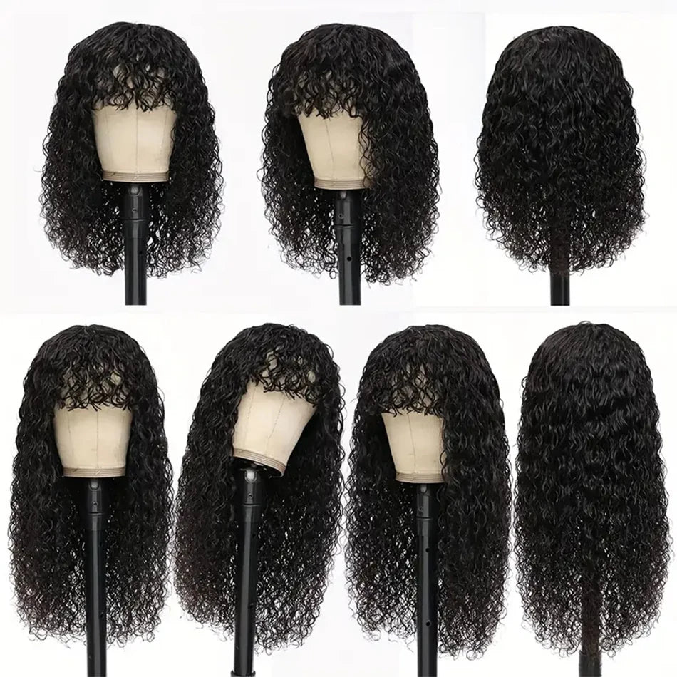 Glueless Water Wave Wig Bangs Black Women's Human Hair Without Glue Fully