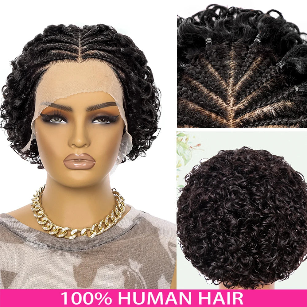 13x4 Curly Braid Human Hair Wigs Short Wave Lace Frontal Braided Pre