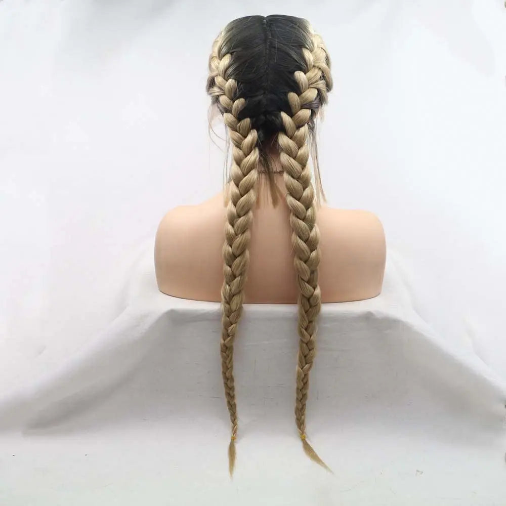 Synthetic Blonde Lace Front Braid Wigs Ombre Double Dark Roots Heat Resistant