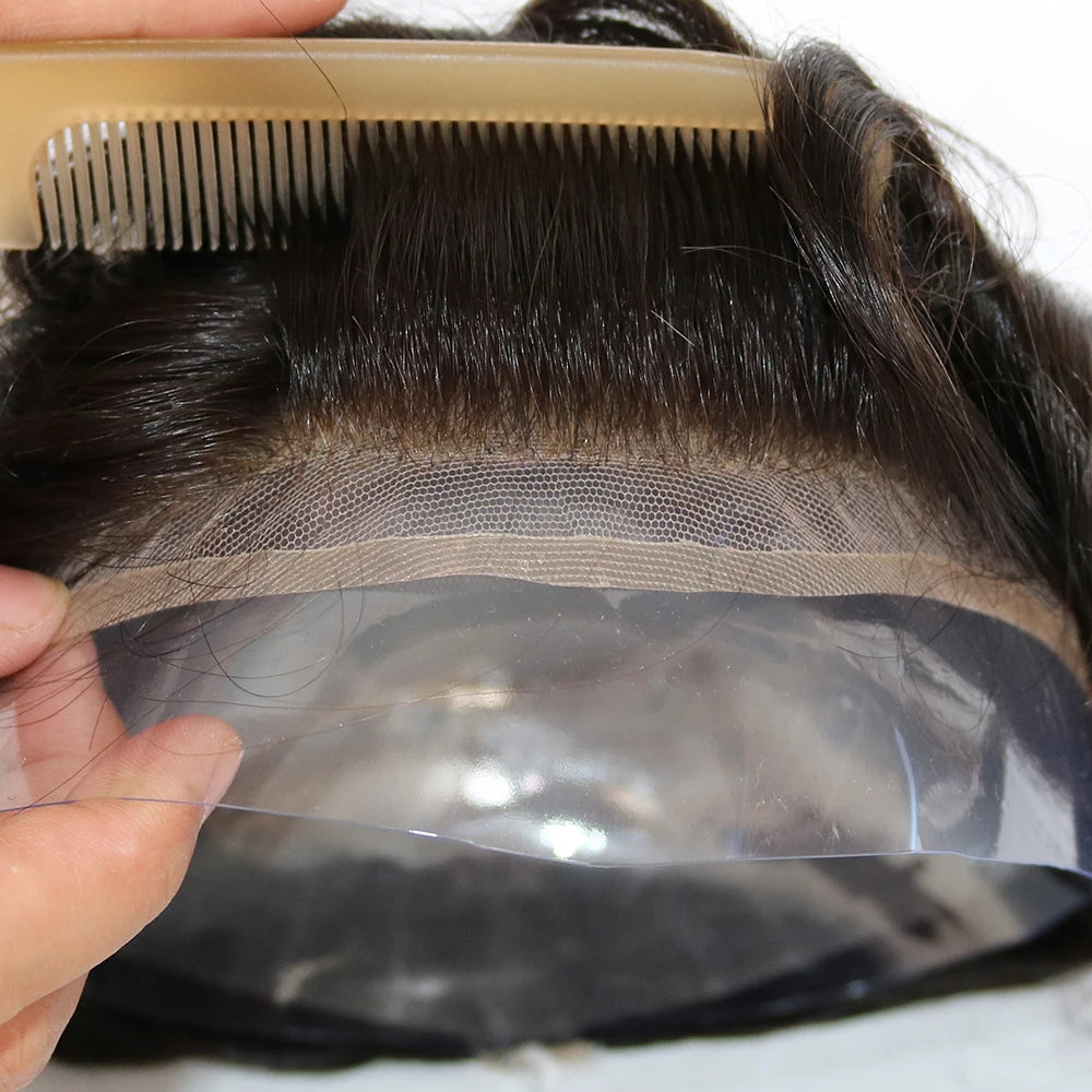 Swiss Lace PU Toupee Black Europe Human Hair Wig 1B40 Replacement System