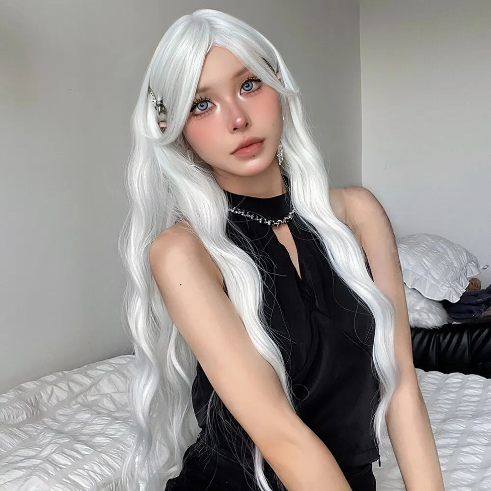 Long Water Wave Wig Bangs White Colorful Cosplay Silky Daily Party Natural