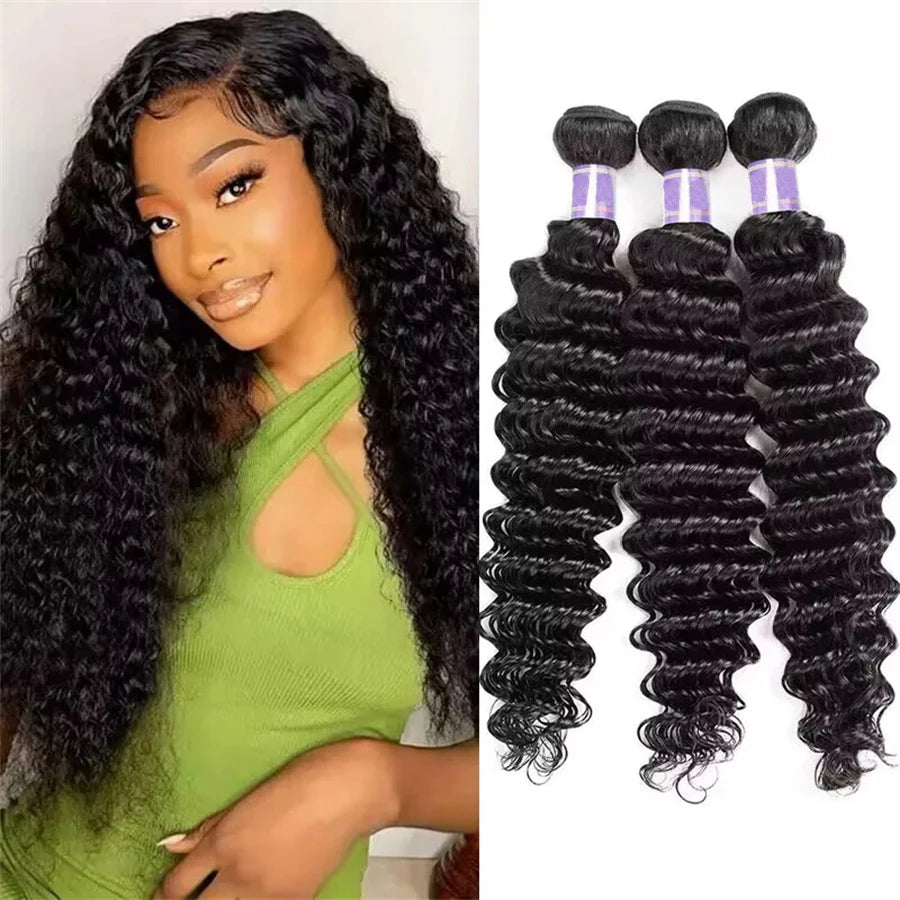 Unprocessed Raw Indian Virgin Hair Deep Wave Human Bundles 3/ Weave Double