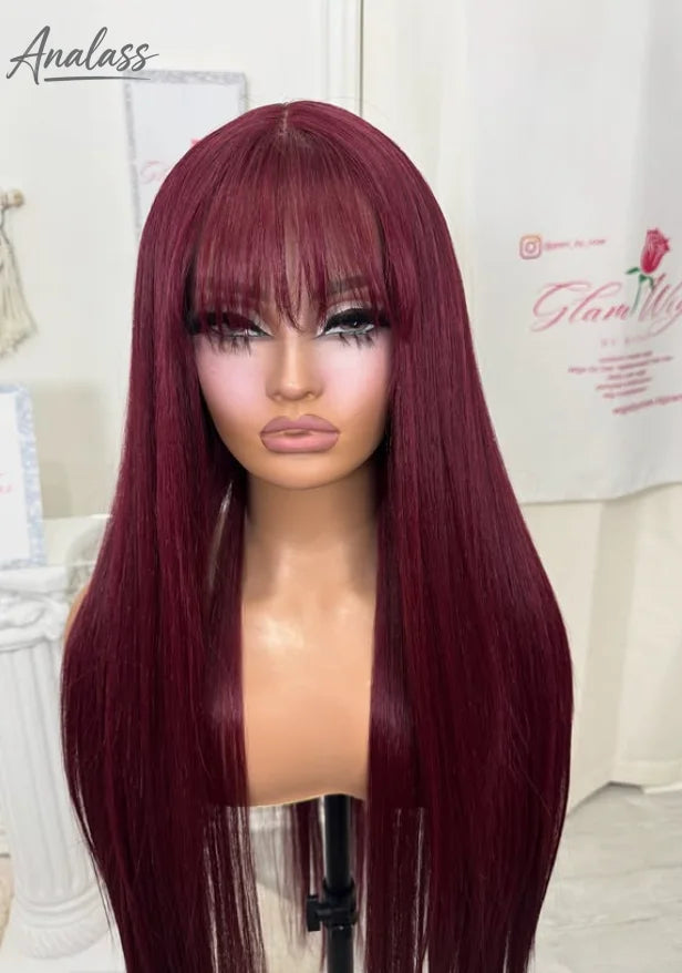 99J Burgundy Red Bone Straight Lace Front Wig Bangs, 13x4 HD Pre