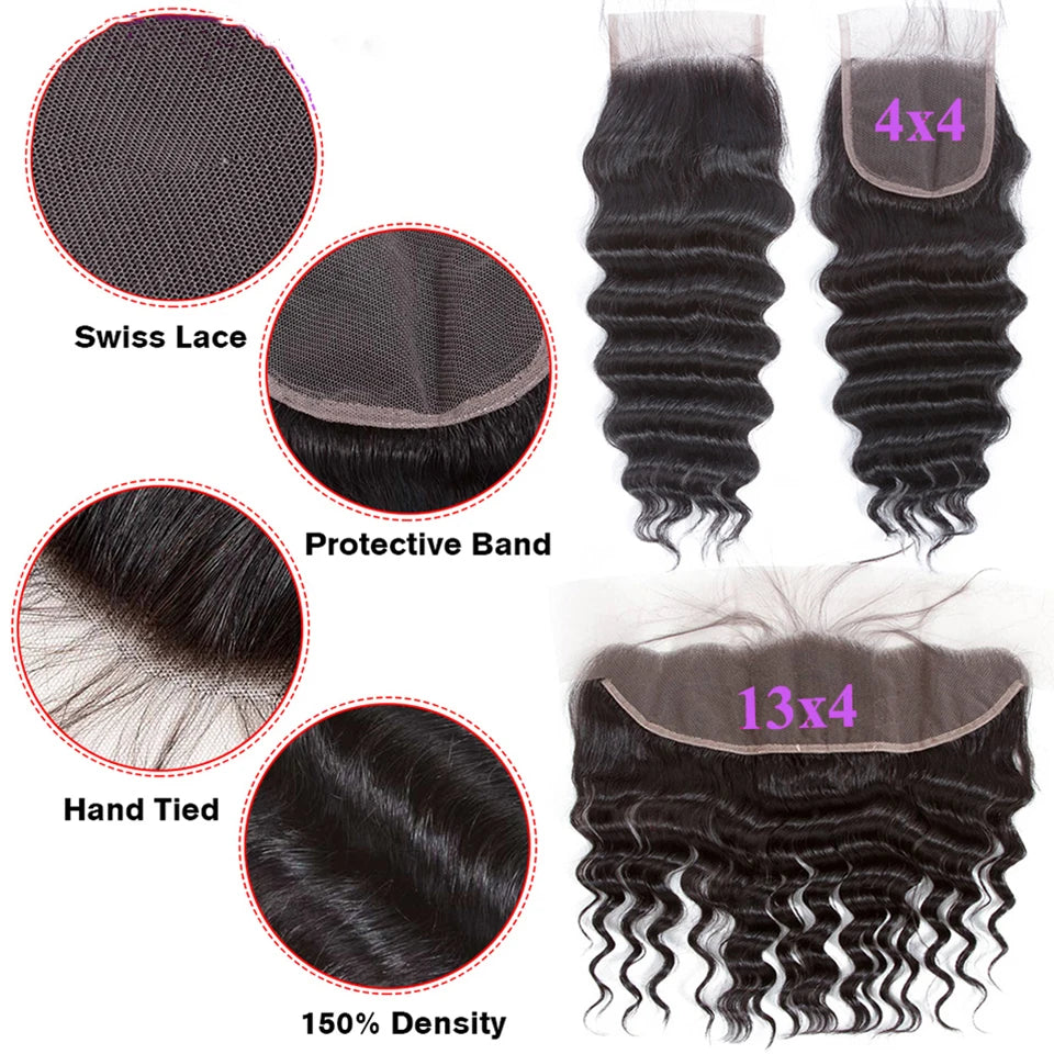 Top Loose Deep Wave Bundles Closure Frontal HD Transparent Lace Virgin Raw