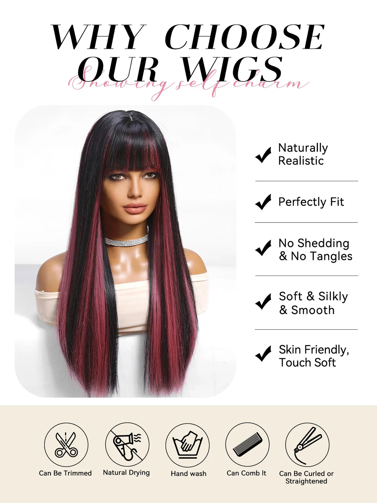 Black Highlight Pink Synthetic Wig Bangs Long Straight Red Cosplay Party Christmas