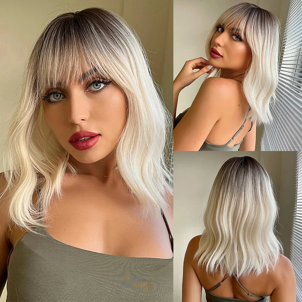 Pink BOBO Synthetic Wigs Short Natural Wave Hair Wig Party Daily High Density Heat Resistant