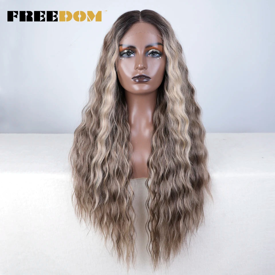 Curly Synthetic Lace Front Wigs Soft Wavy Ombre Blonde Ginger Highlight Cosplay