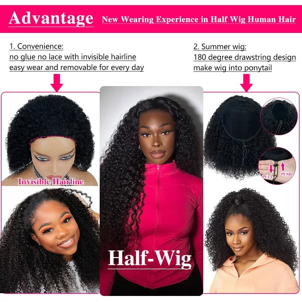 Burmese Curly Human Hair Half Wig — Glueless 3-in-1, 300% Density