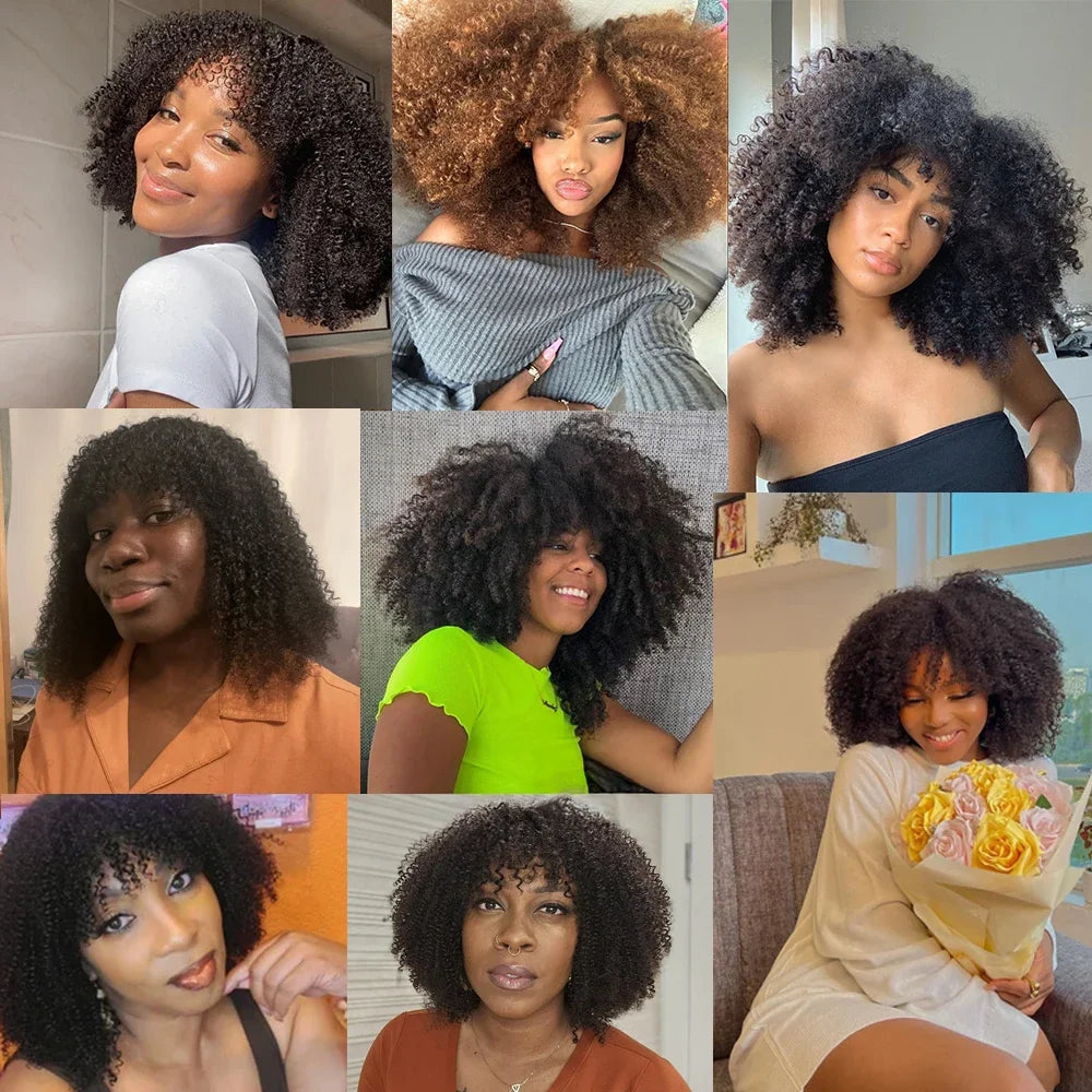 Mongolian Curly Afro Kinky Human Hair Wigs Bangs Without Glue Bouncy Density
