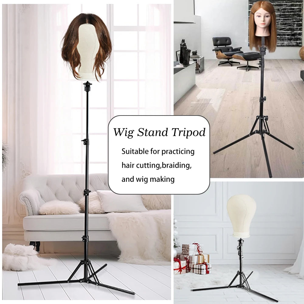 Foldable Wig Stand Tripod With 21-25Inch Canvas Head Black Male Bald Head Mannequin With Stand Wig Head Stand Tripod