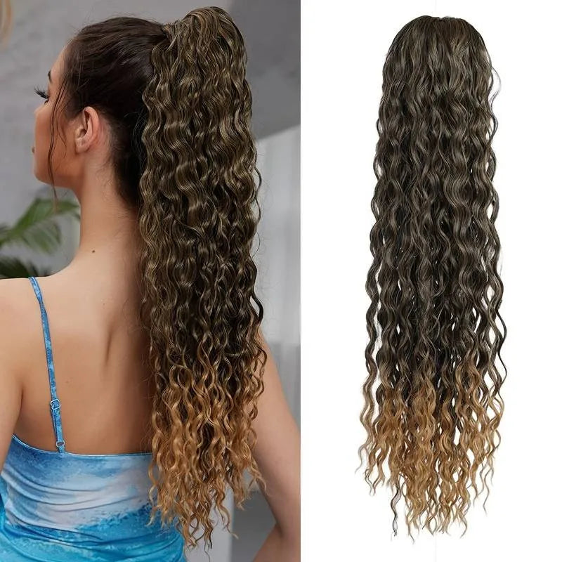 Synthetic Wig 24inch Long Curly Wave Drawstring Ponytail HairPieces Extension Heat Resistant Clip in Girl